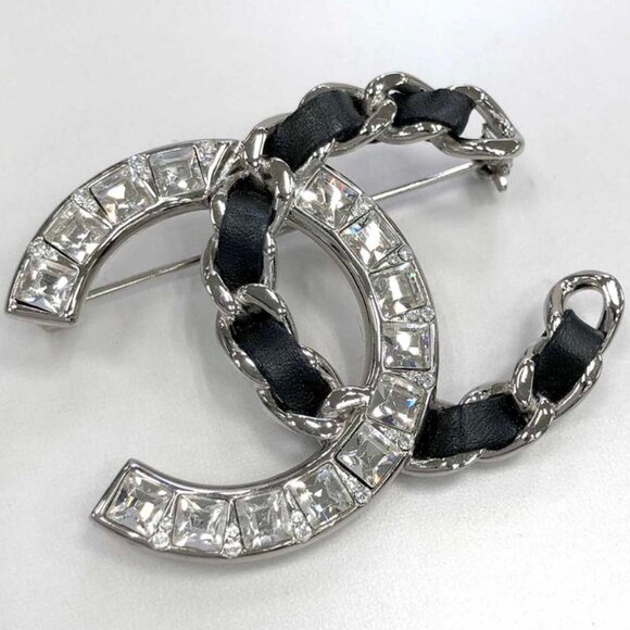 CHANEL CC Logos Rhinestone Black Leather Brooch Silver Tone B18K Pin Auth - Picture 1 of 9